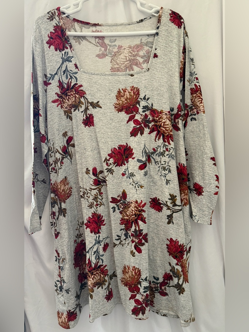Floral Long Sleeve Dress - Gray with Red Blooms - Picture 3 of 4